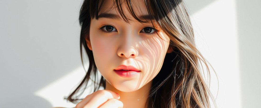 Woman touching her face calmly, representing the mind–skin connection and how emotions like stress and calm directly affect skin health and premature aging.